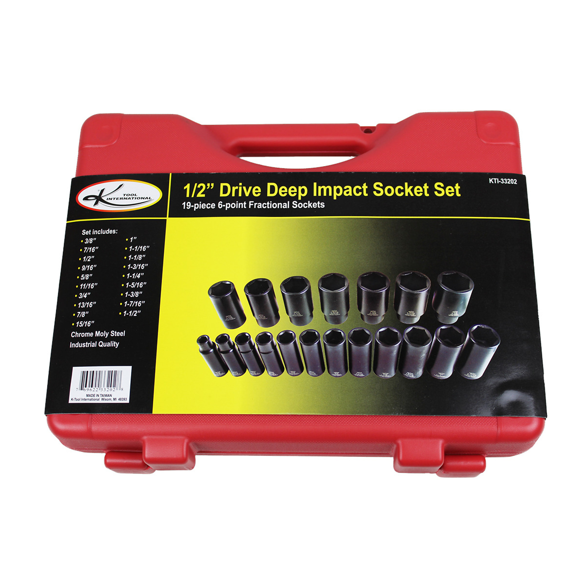 K-Tool International Socket Set — 1/2in. Drive, Fractional Impact, 19-Piece, Deep, Model# KTI33202